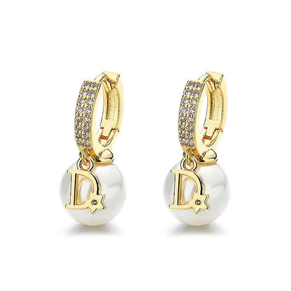 Luxury Pearl Drop Earrings - Designer D Letter Charm Hoop Earrings for Women