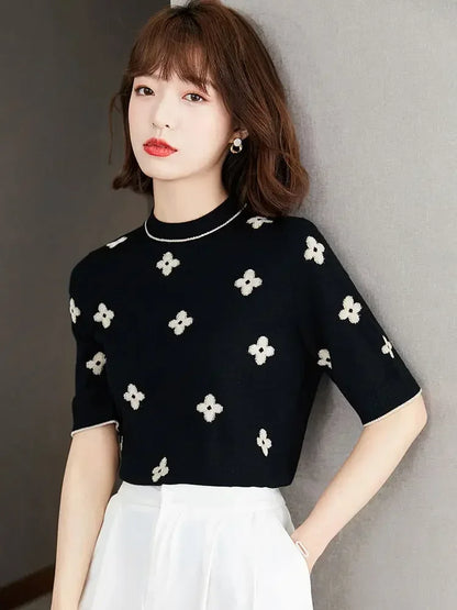 2025 Casual Thin Knitted T-Shirt Summer Short Sleeve Tops Elegant Woman Clothes Embroidery Flower Fashion Tee Shirt Femme New