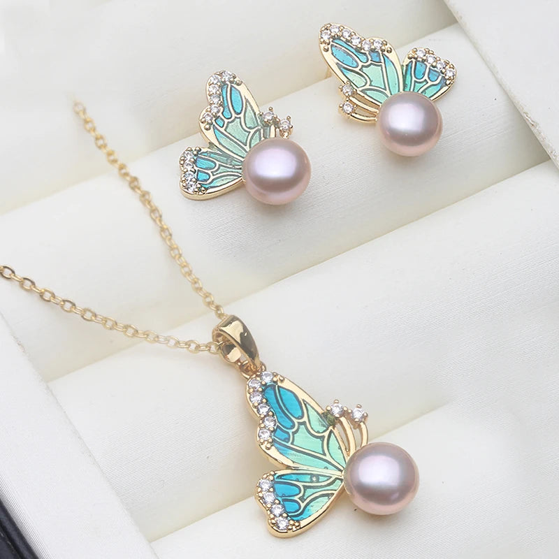 Natural Freshwater Pearl Necklace Earrings Set, 925 Silver Set of Earrings With Pearls Wife Mother Christmas Gift White
