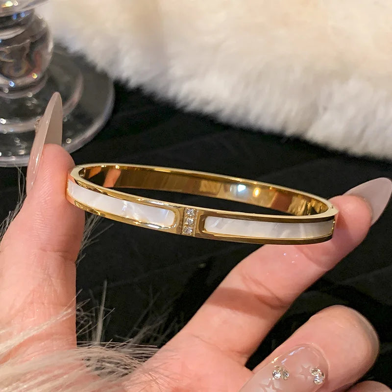 Titanium Steel Gold Bracelet - Classic Zircon Inlaid Bangle for Women