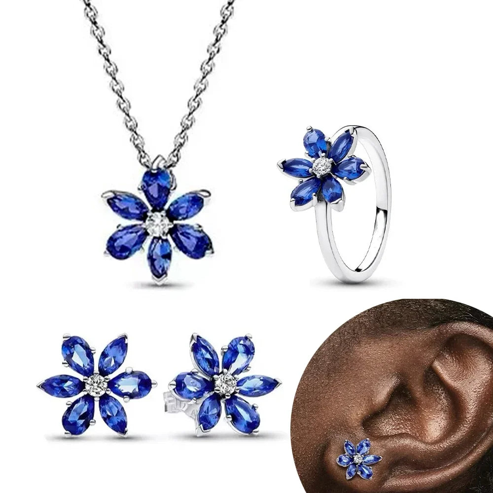 925 Sterling Silver Sparkling Blue Glass Flower Stud Earrings | Fine Jewelry Gift for Women