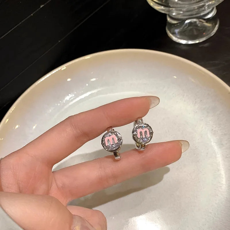 Trendy Sterling Silver Letter M Colour Crystal Hoop Earring for Women Korean Charm Hip-hop Jewelry Accessory Gift No Allergy