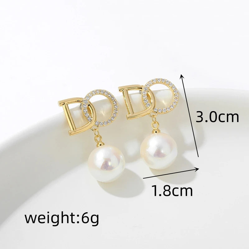 New Trend Crystal Hollow Letter DO Imitation Pearl Pendant Earring for Women Ear Jewelry Wholesale Christmas Girl Gift