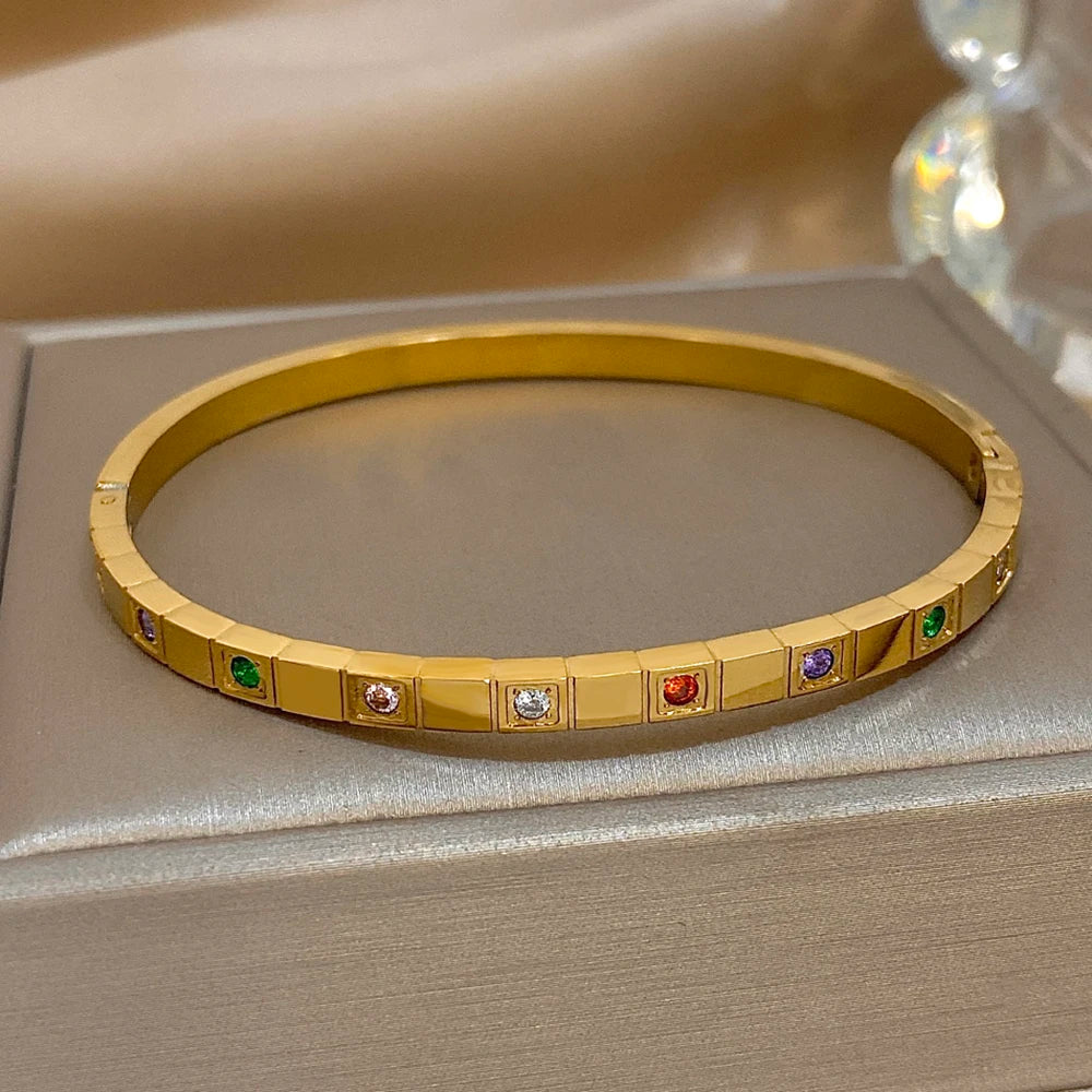 New Inlaid Square Small Colored Zircon Stainless Steel Bangle Bracelet for Women Luxury Gold Plated Cubic Zirconia Bracelets