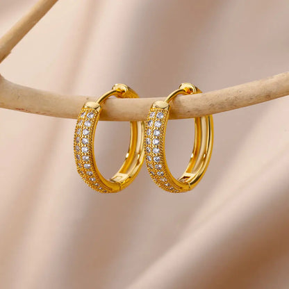 Shiny Zircon Circle Square Hoop Earrings for Women Gold Color Stainless Steel Earrings Luxury Christmas Jewelry Wedding aretes