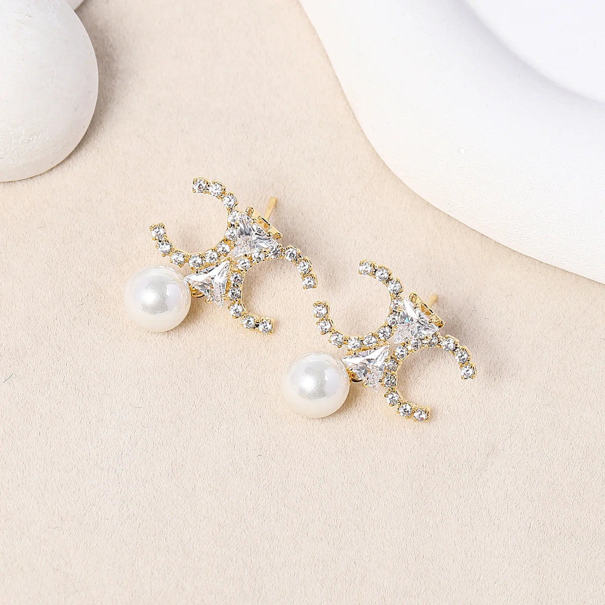925 Silver Needle Luxury Double C Gemstone Pearl Drop Earrings, Elegant Daily Wear Statement Jewelry Gift for Women