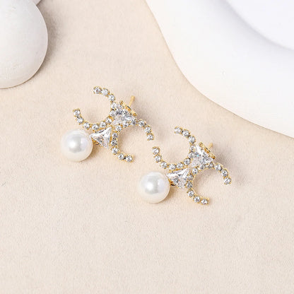 925 Silver Needle Luxury Double C Gemstone Pearl Drop Earrings, Elegant Daily Wear Statement Jewelry Gift for Women