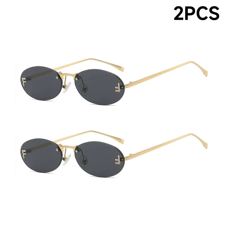 Fashion Rimless Sunglasses Women UV400 - Oval Elegant Diamond Retro Eyewear 3PCS Set