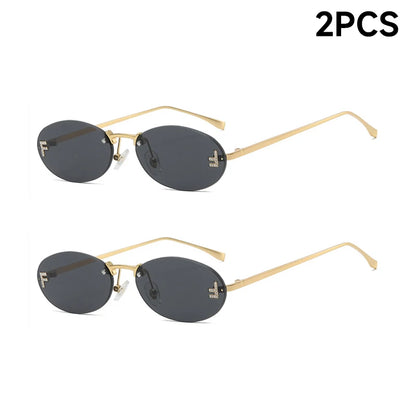 Fashion Rimless Sunglasses Women UV400 - Oval Elegant Diamond Retro Eyewear 3PCS Set
