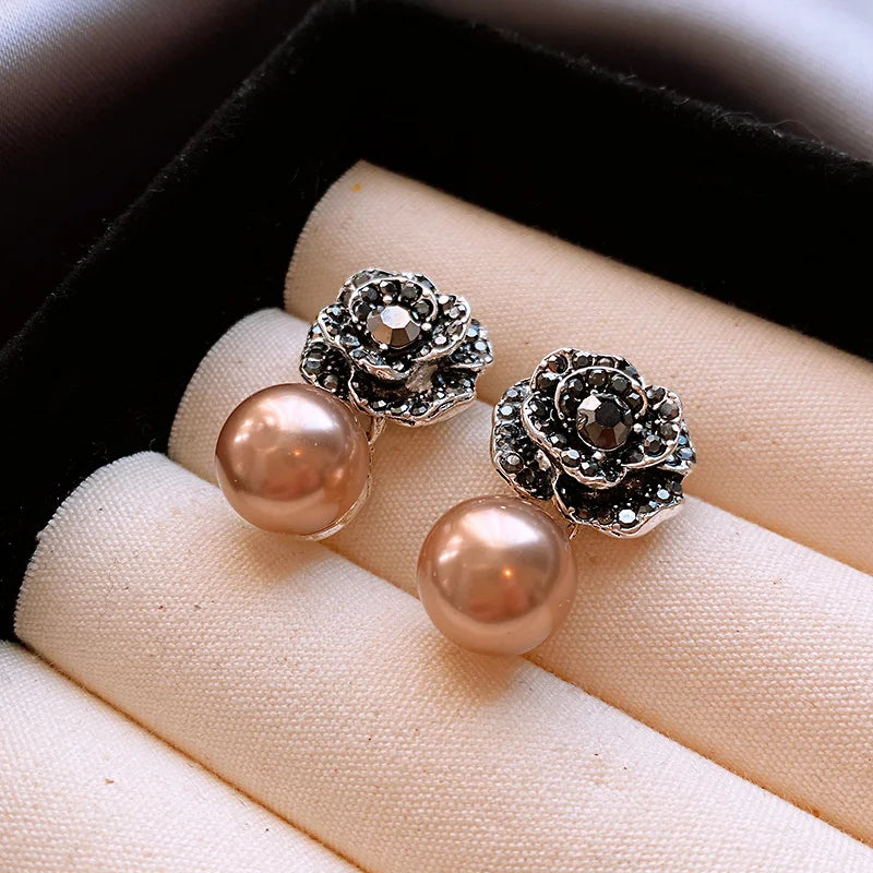 Dripping Zircon Pearl Flower Earrings for Women Trendy Stud Earrings Personality Commuter Inlaid Rhinestone Jewelry Women