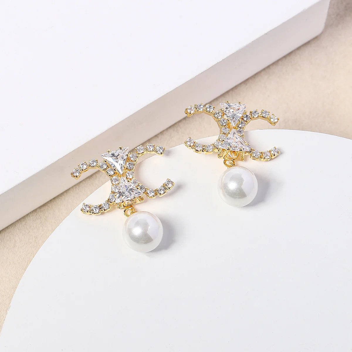 925 Silver Needle Luxury Double C Gemstone Pearl Drop Earrings, Elegant Daily Wear Statement Jewelry Gift for Women