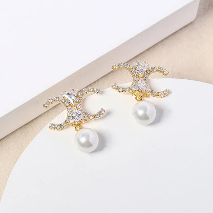 925 Silver Needle Luxury Double C Gemstone Pearl Drop Earrings, Elegant Daily Wear Statement Jewelry Gift for Women