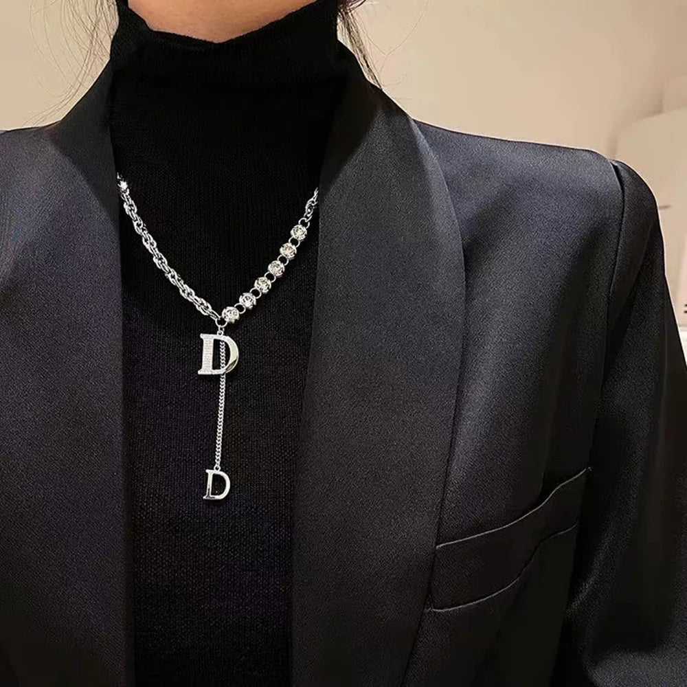 Silver Letter D Pendant Necklace | Micro Zircon Snake Chain