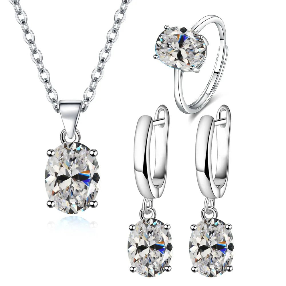 925 Sterling Silver Jewelry Set | Zircon Ring, Earrings & Necklace | Bridal Wedding Gift for Women
