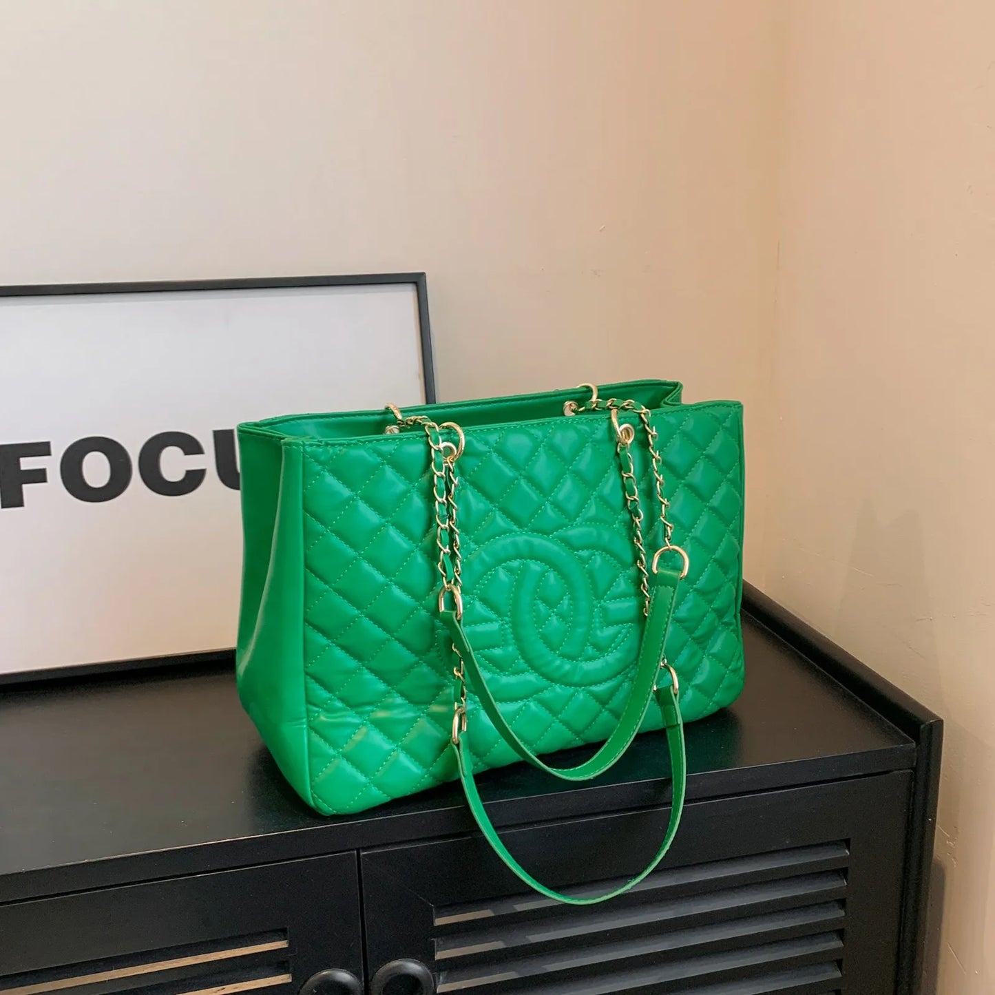 Designer Quilted Tote Bag - Fashion Letter Print Large Bag with Chain Strap