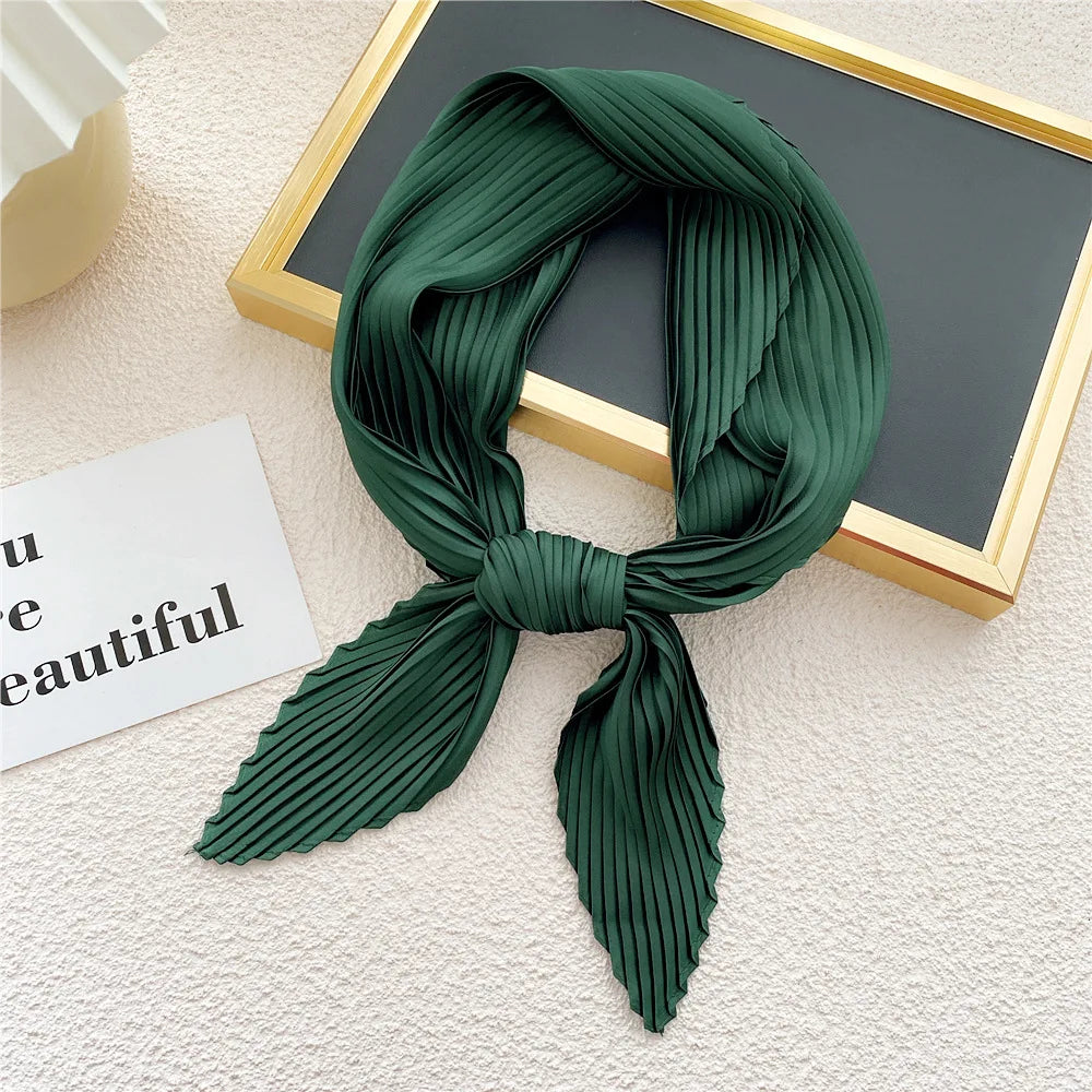 New Floral Print Pleated Silk Scarf Square Neck Scarves Crinkle Hair Bands Scarf Bandana Satin Hijab Head Wraps Neckerchief