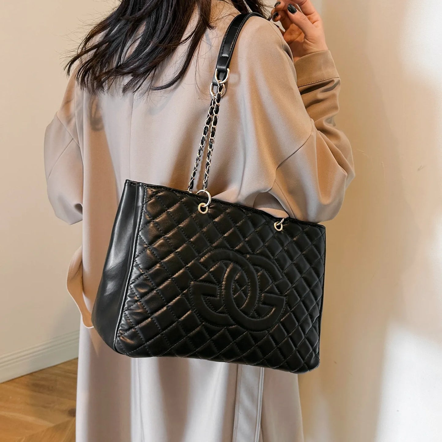 Designer Quilted Tote Bag - Fashion Letter Print Large Bag with Chain Strap
