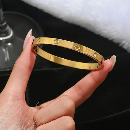 Stainless Steel Four-Leaf Clover Lucky Bracelet - Gold Nail Bangle