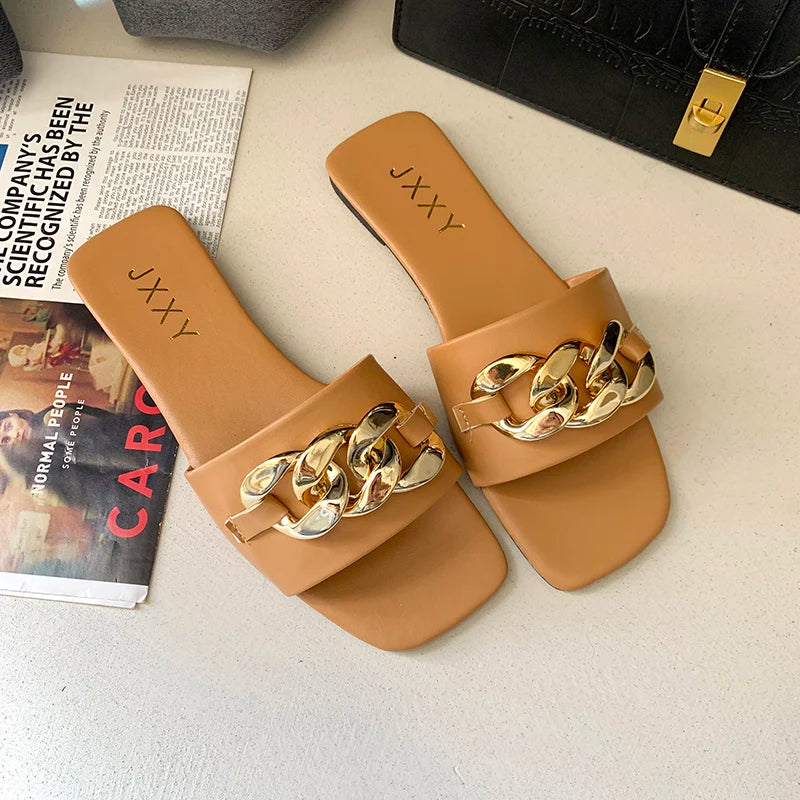 Women's Square Toe Chain Sandals - Metal Detail Flat Slide Flip Flops