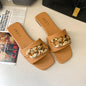 Women's Square Toe Chain Sandals - Metal Detail Flat Slide Flip Flops