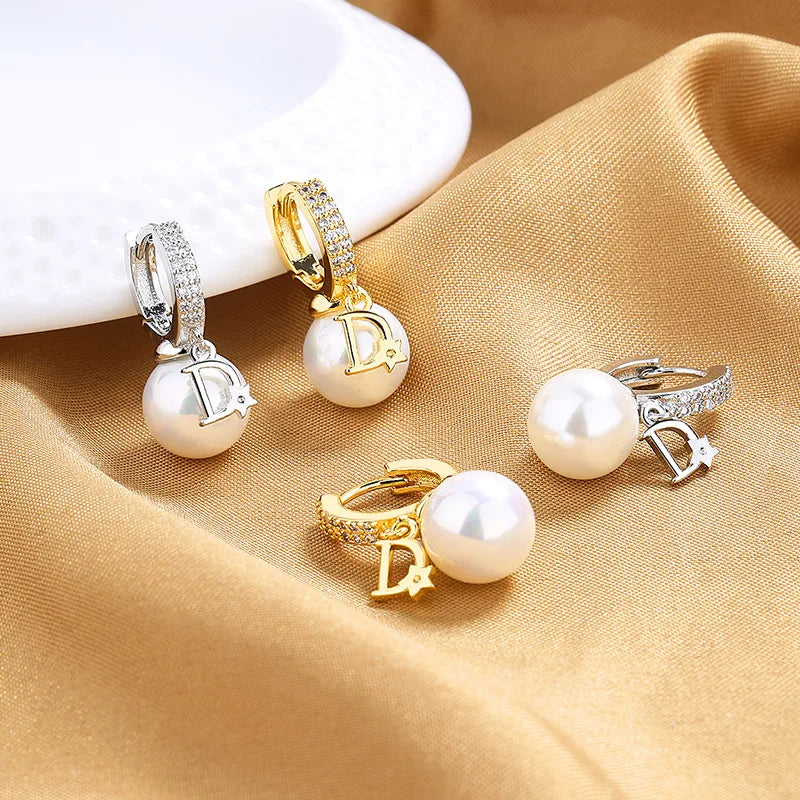 Luxury Pearl Drop Earrings - Designer D Letter Charm Hoop Earrings for Women