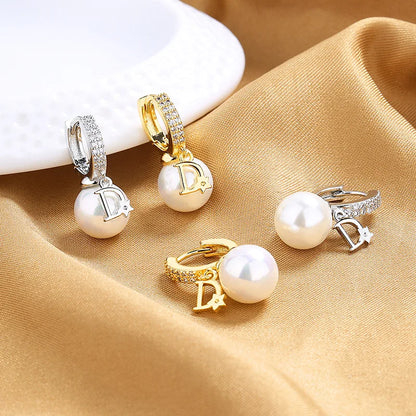 Luxury Pearl Drop Earrings - Designer D Letter Charm Hoop Earrings for Women