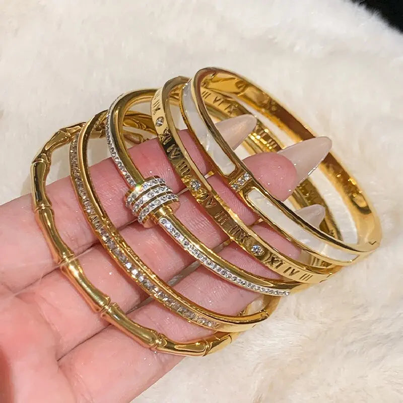 Titanium Steel Gold Bracelet - Classic Zircon Inlaid Bangle for Women