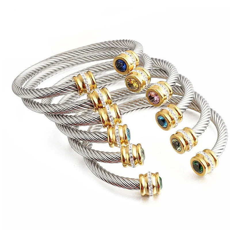 Seven-Color Zircon Bracelet - Titanium Steel European Woven Style Bangle