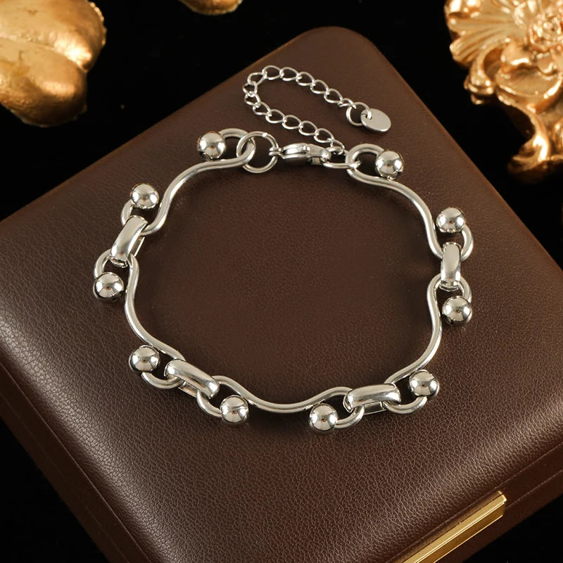 GANEMLY 316L Stainless Steel Metal Gold Color Beads Chain Necklace Bracelet Set For Women Trendy Chains Waterproof Jewelry New