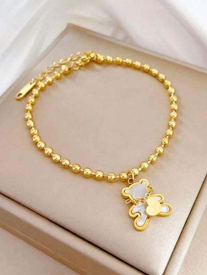 White Shell Cute Little Bear Peach Heart Stainless Steel Jewelry Set Necklace Earrings Bracelet or women