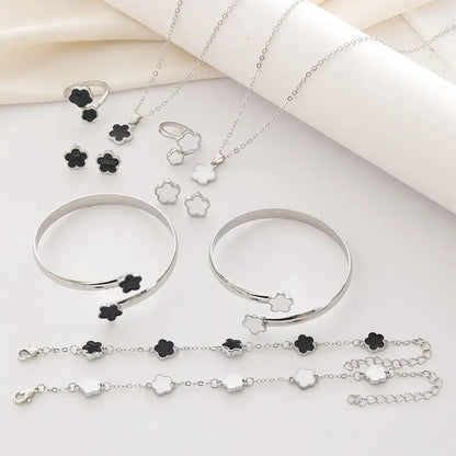 5pcs Lucky Five-petal Flower Women's Jewelry Set, Fashion Flower Bracelet + Necklace + Earrings + Bracelet + Ring, Birthday
