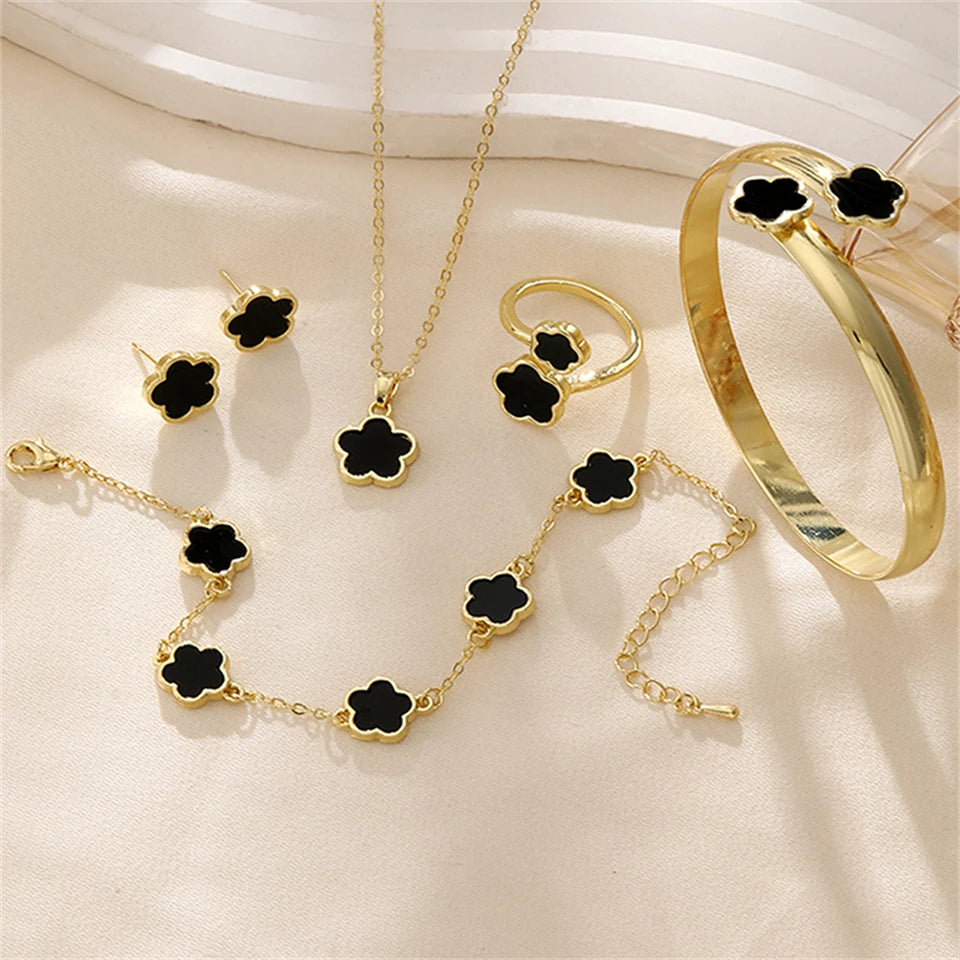5pcs Lucky Five-petal Flower Women's Jewelry Set, Fashion Flower Bracelet + Necklace + Earrings + Bracelet + Ring, Birthday