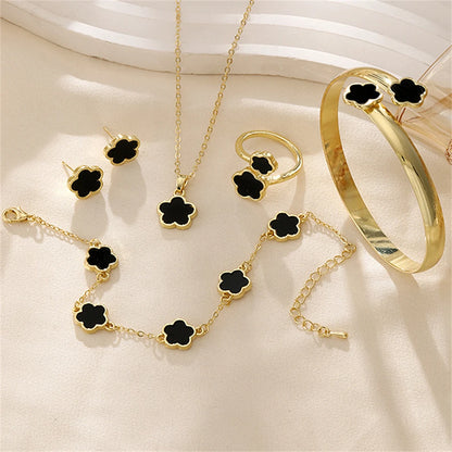 5pcs Lucky Five-petal Flower Women's Jewelry Set, Fashion Flower Bracelet + Necklace + Earrings + Bracelet + Ring, Birthday