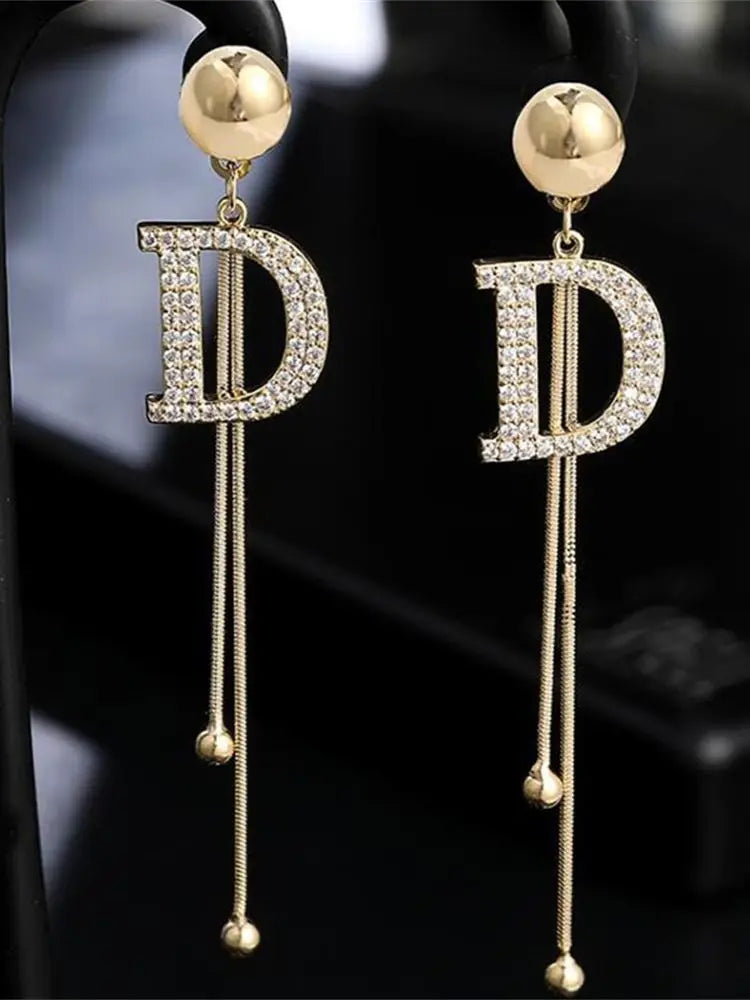 Elegant Gold Letter D Tassel Earrings - Crystal Bead Drop Earrings for Women