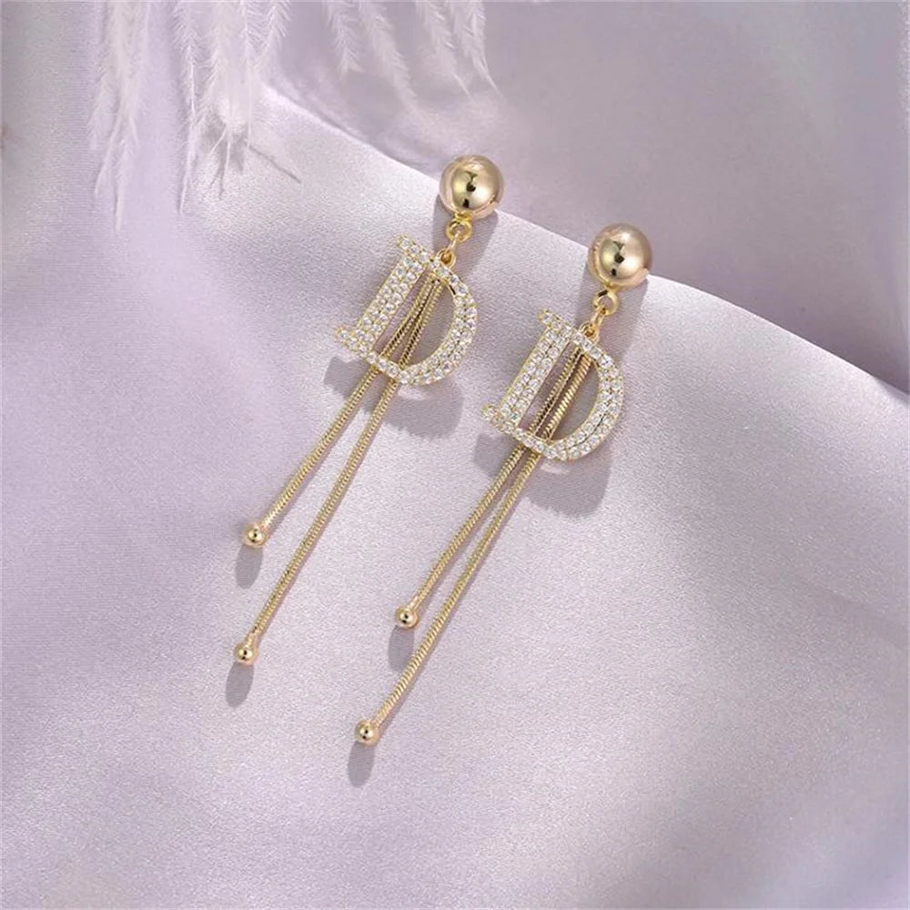 Elegant Gold Letter D Tassel Earrings - Crystal Bead Drop Earrings for Women