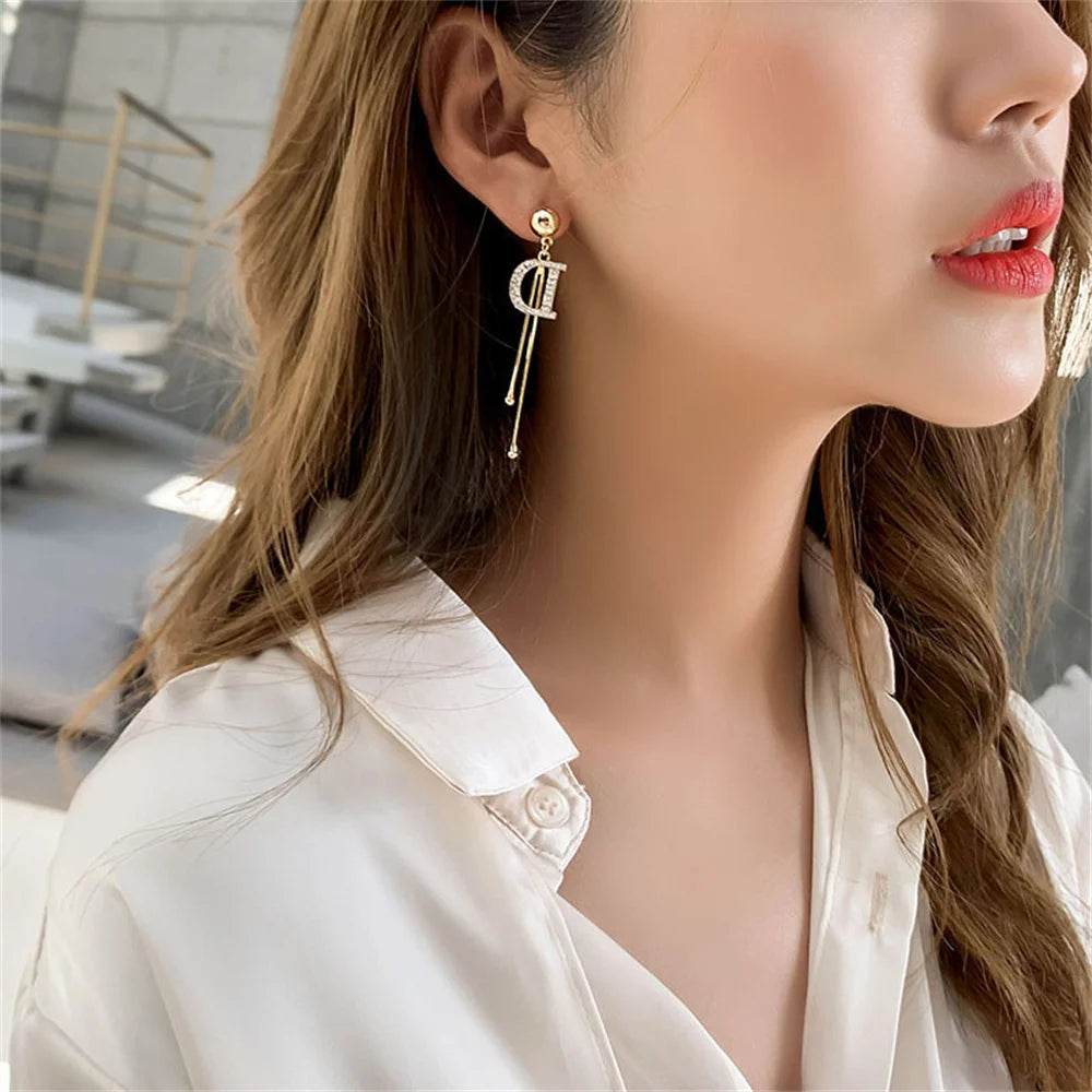 Elegant Gold Letter D Tassel Earrings - Crystal Bead Drop Earrings for Women