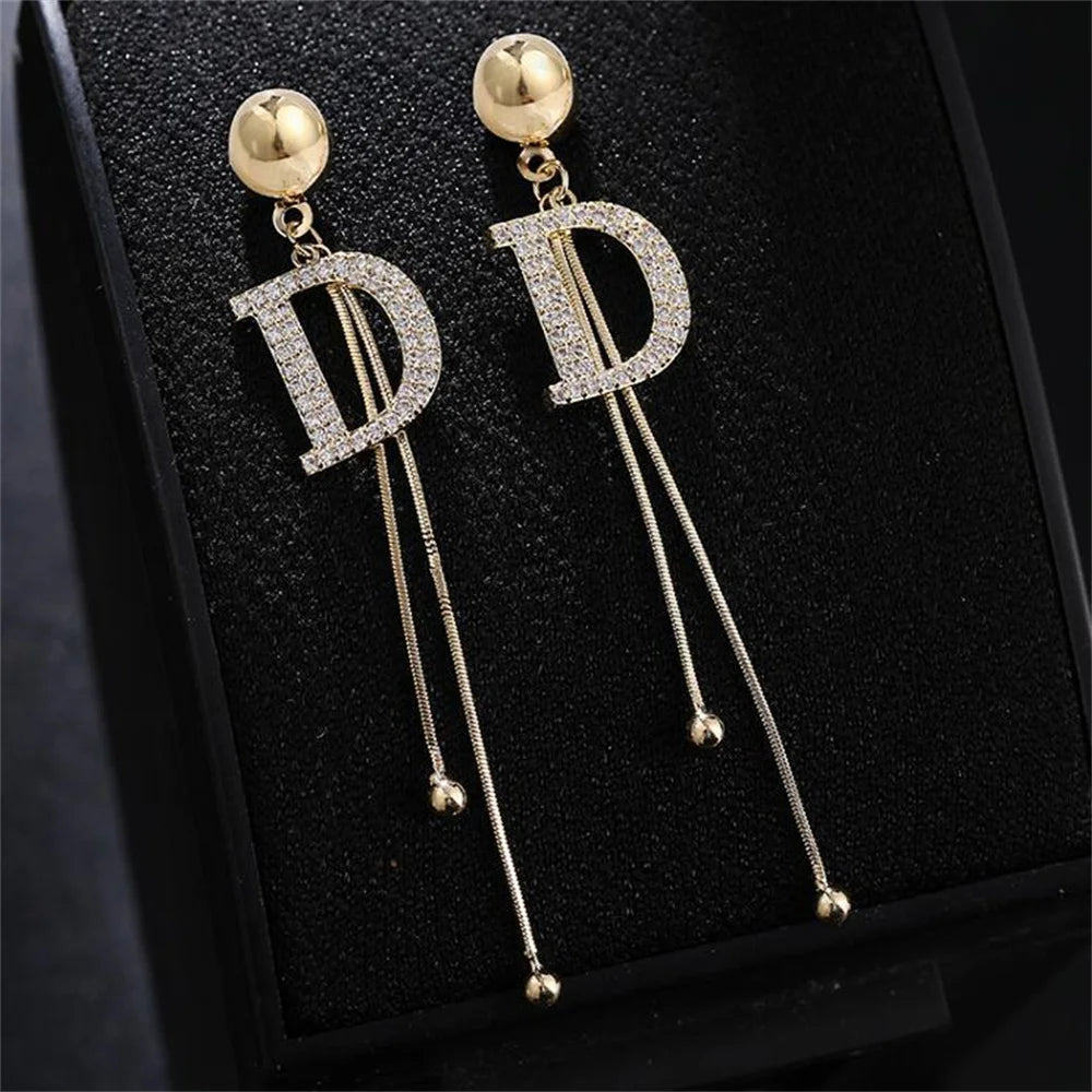 Elegant Gold Letter D Tassel Earrings - Crystal Bead Drop Earrings for Women