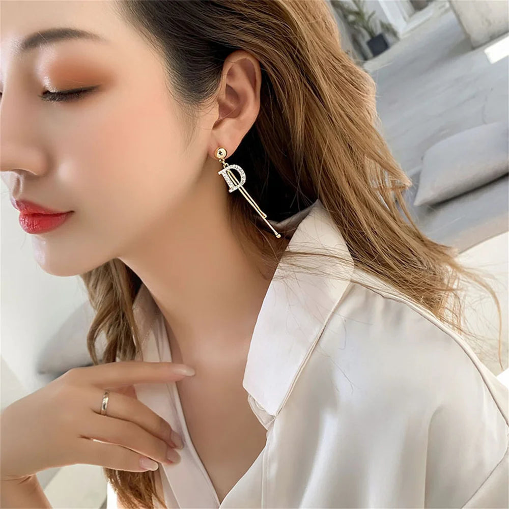 Elegant Gold Letter D Tassel Earrings - Crystal Bead Drop Earrings for Women