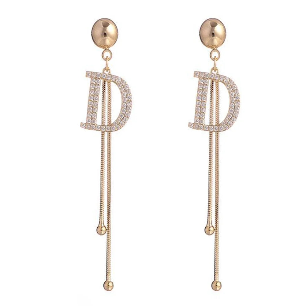 Elegant Gold Letter D Tassel Earrings - Crystal Bead Drop Earrings for Women