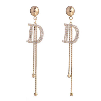 Elegant Gold Letter D Tassel Earrings - Crystal Bead Drop Earrings for Women