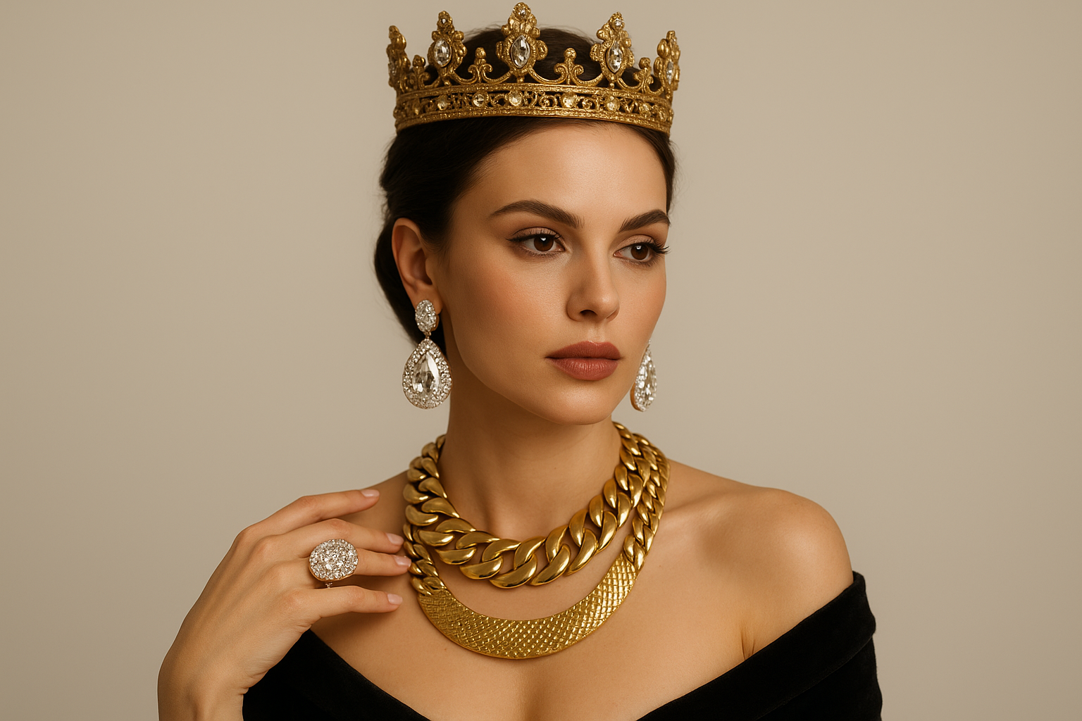 Woman with Crown and Statement Jewelry