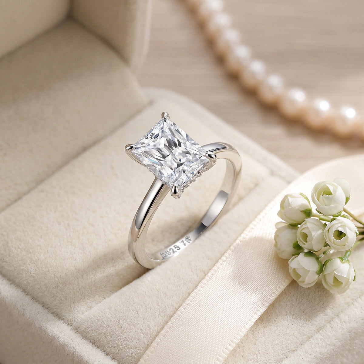 925 Sterling Silver Princess Cut Moissanite Solitaire Engagement Ring For Women
